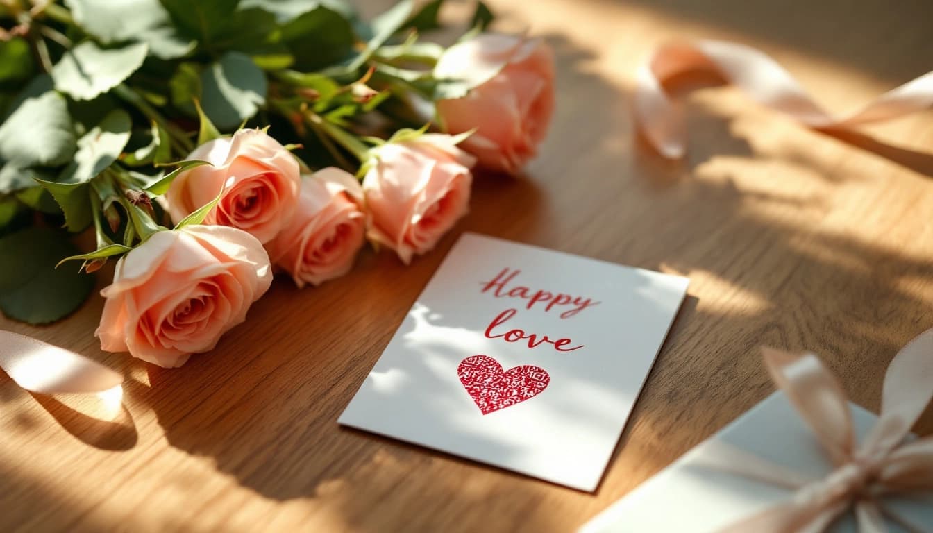 Presentes criativos para o Dia dos Namorados dispostos em mesa de madeira com pétalas de rosa e cartão personalizado