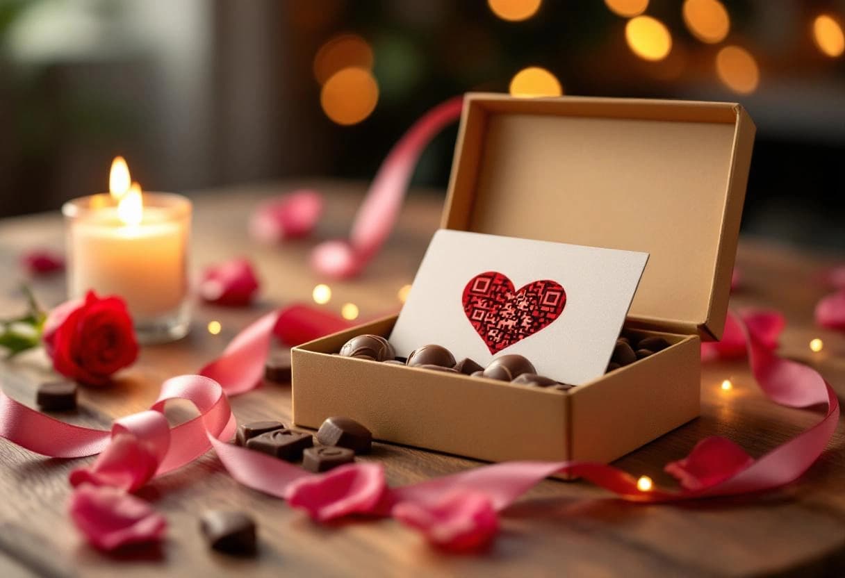 QR code coração dentro de caixa de chocolates para presente