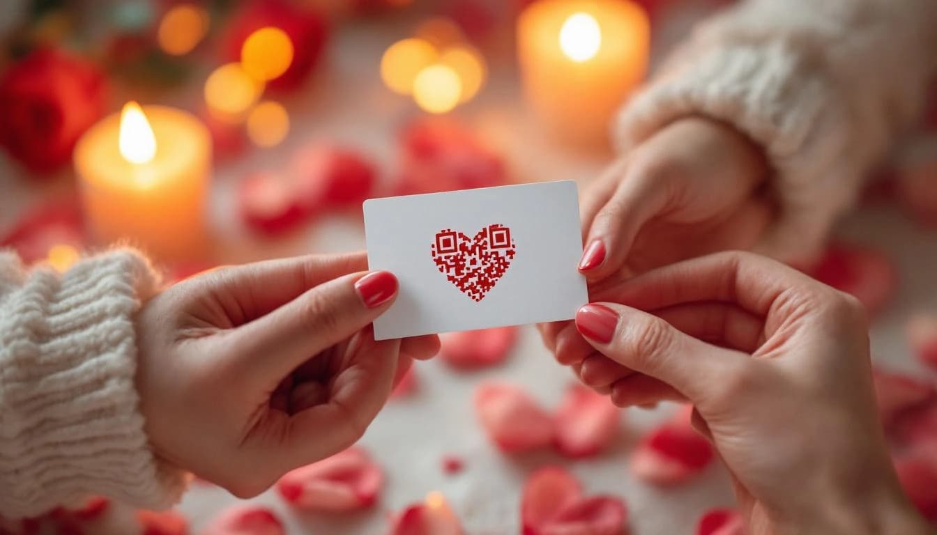 QR code de amor em formato de coração segurado pelas mãos