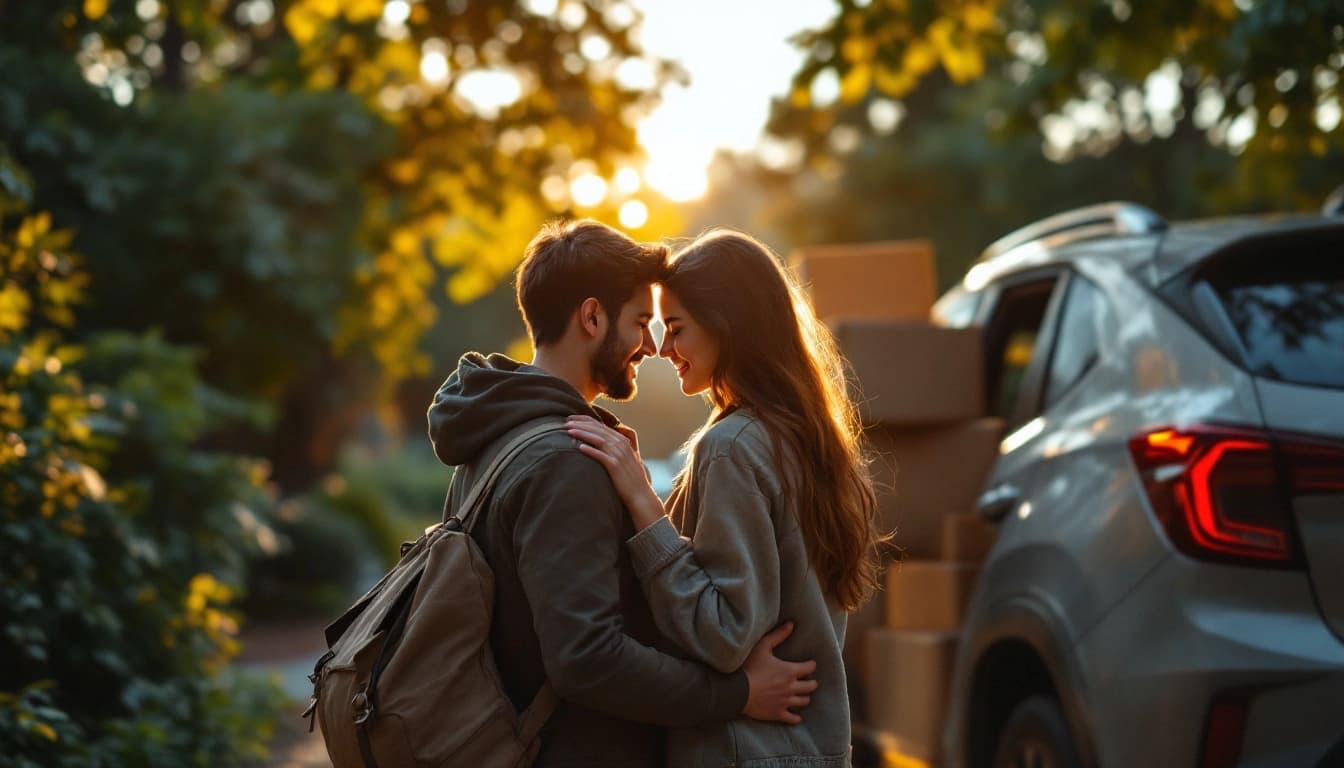 Casal se despedindo antes da faculdade, começando um relacionamento à distância na faculdade