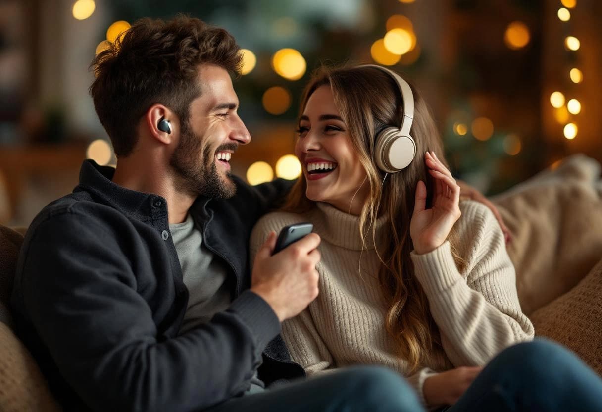 Couple sharing music with smart headphones
