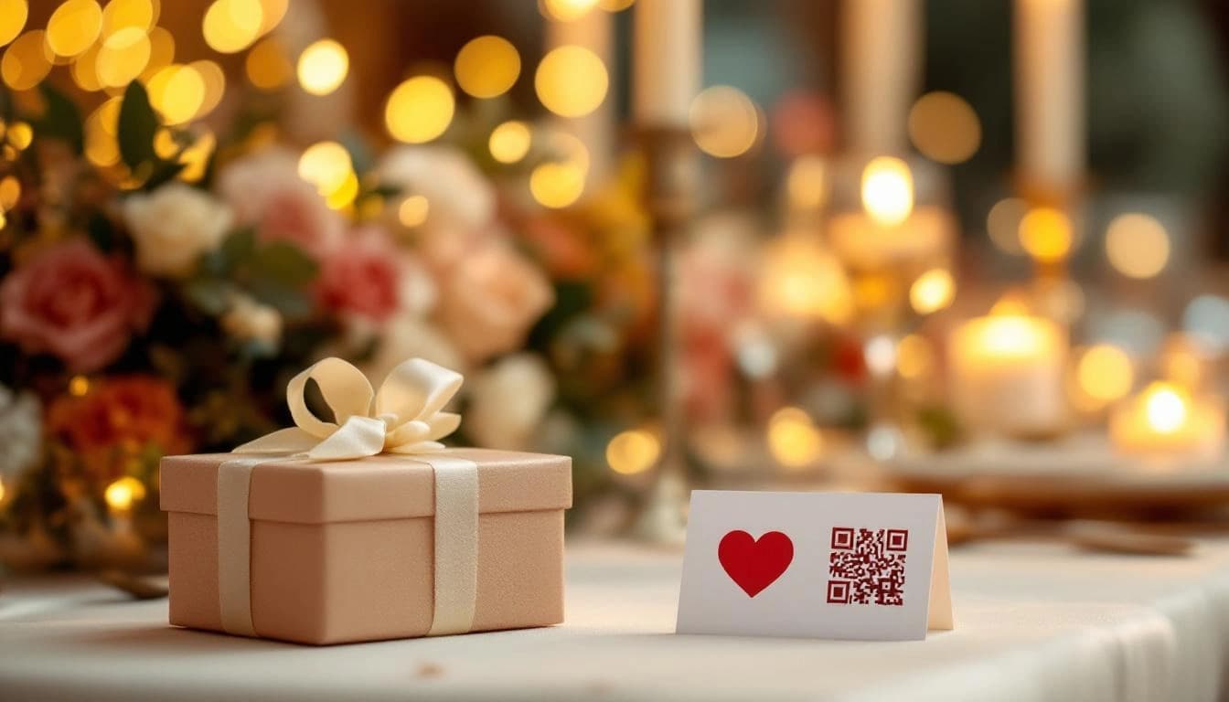 Elegant wedding table with personalized gifts and a QR code card as a unique wedding gift idea
