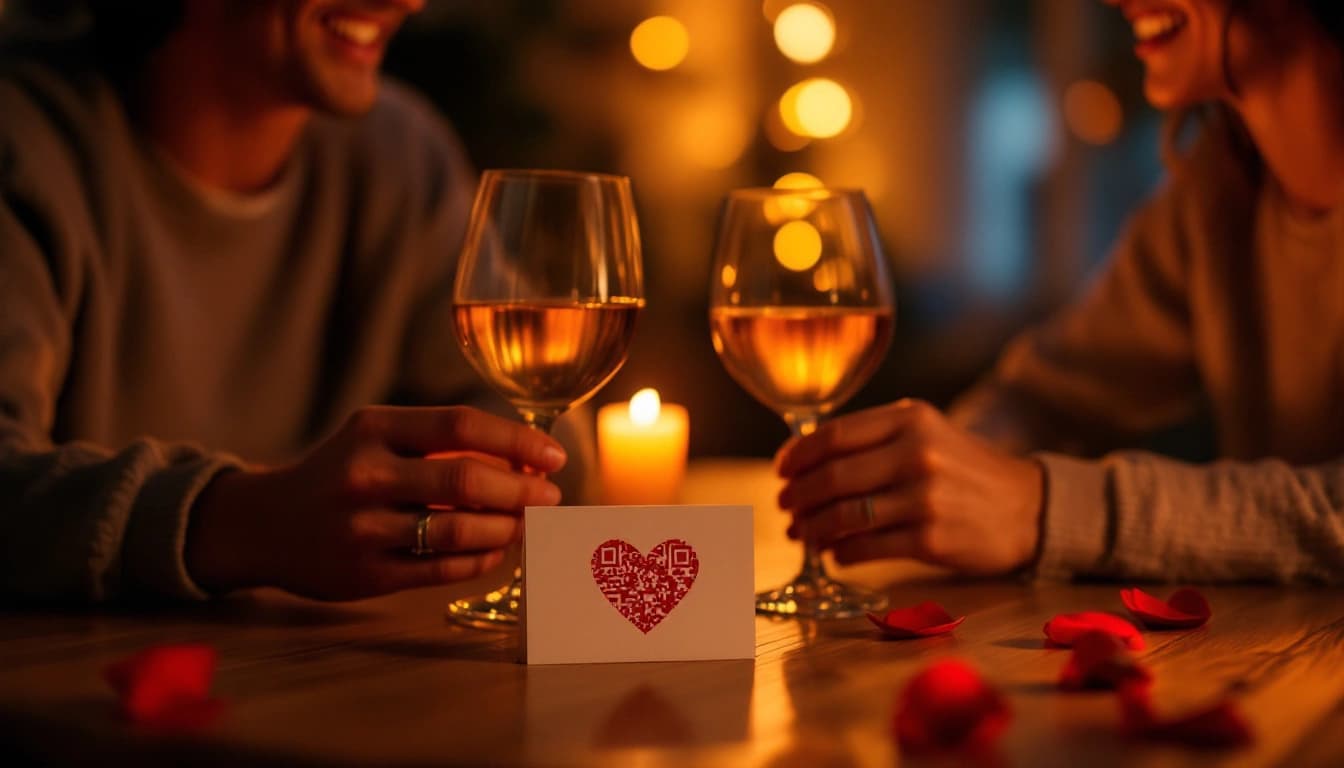Casal comemorando o Dia dos Namorados 2026 à luz de velas com um cartão de QR code em formato de coração sobre a mesa
