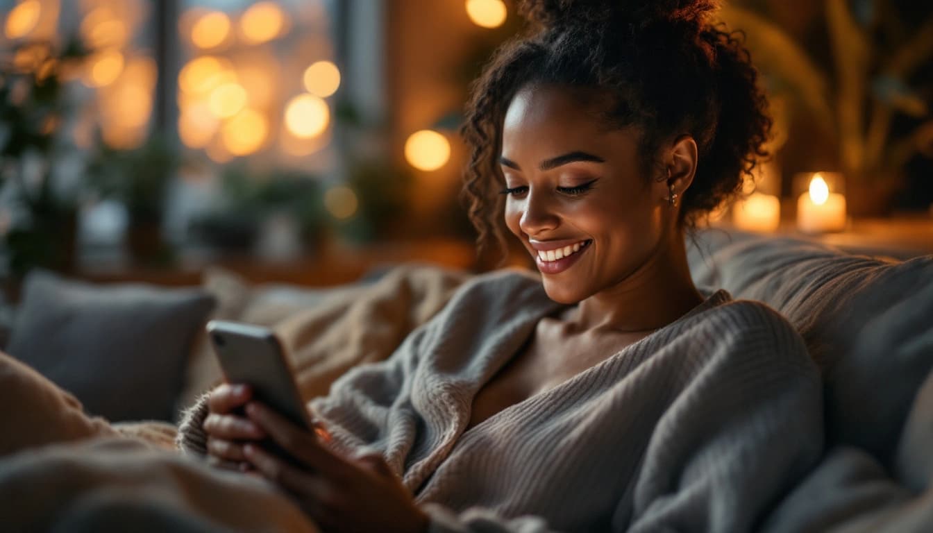 A woman on her phone looking at a digital love page scrapbook she made for her boyfriend