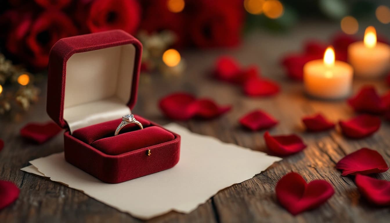 Una tarjeta con QR Code en forma de corazón sobre una mesa junto a una caja de anillo de compromiso, lista para la propuesta de matrimonio