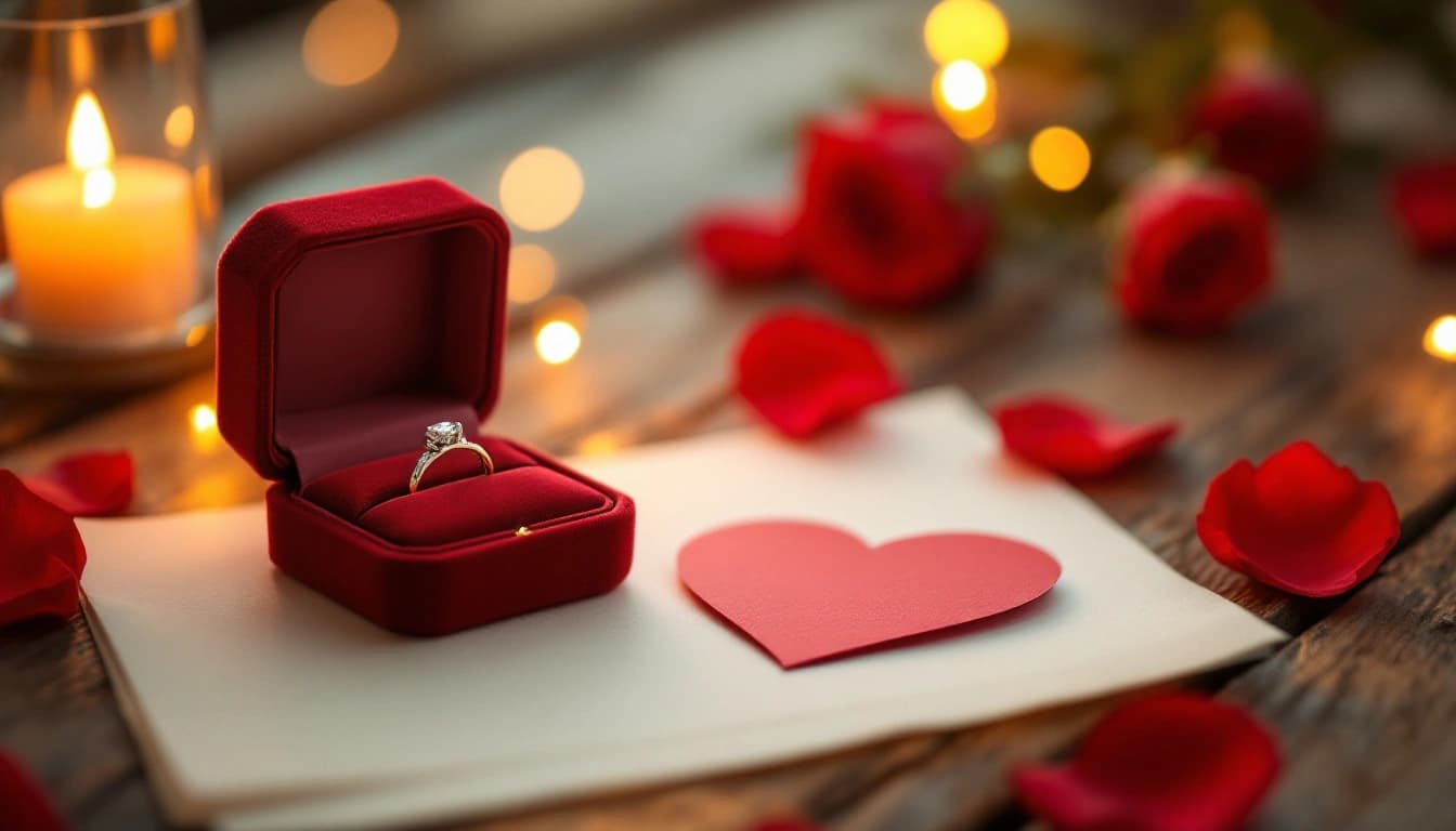 Un biglietto con QR Code a forma di cuore su un tavolo accanto a una scatola di anello di fidanzamento, pronto per la proposta di matrimonio