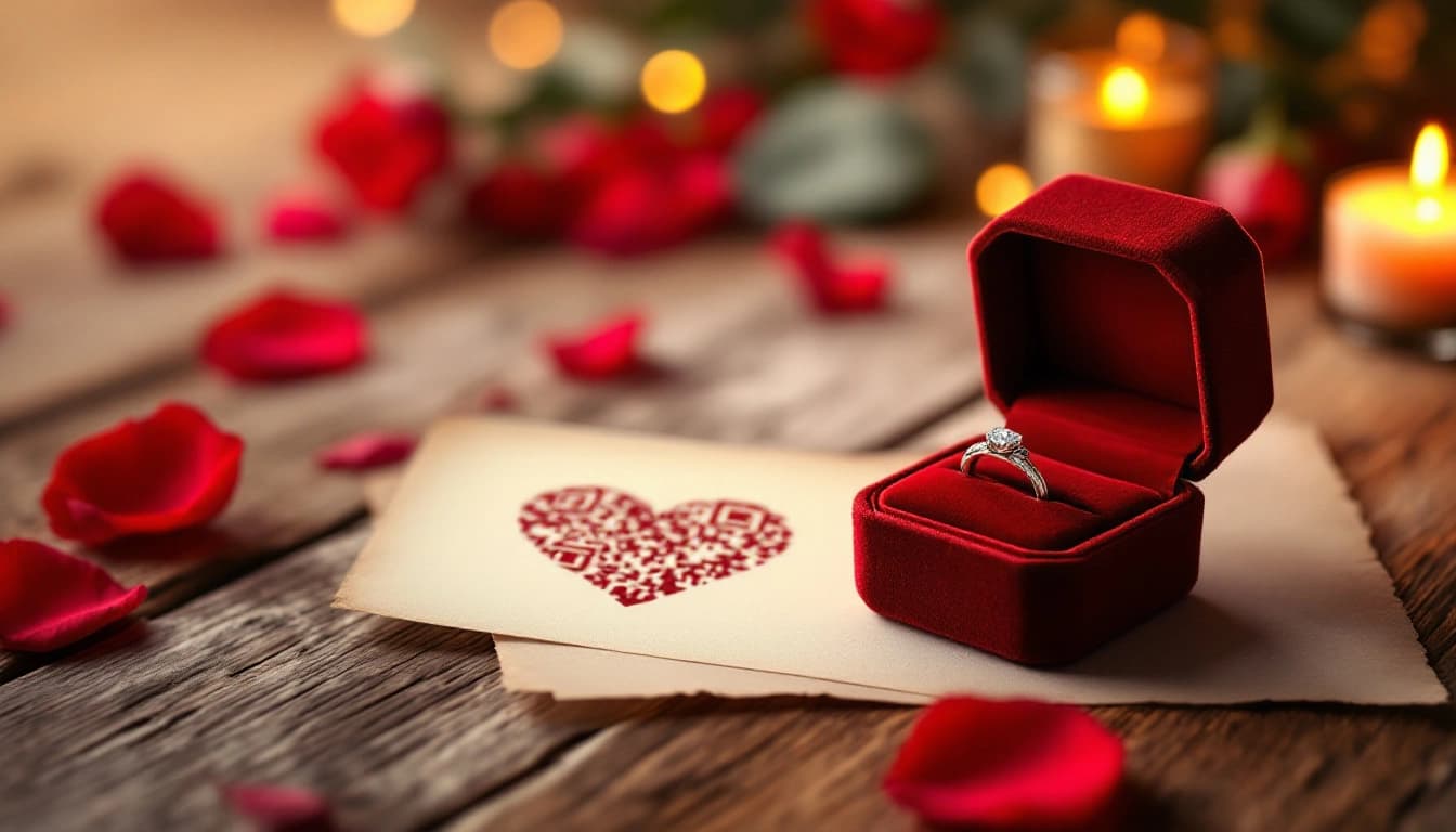 Um cartão com QR Code em formato de coração sobre uma mesa ao lado de uma caixa de aliança de noivado, pronto para o pedido de casamento