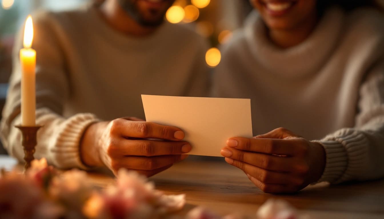 Casal trocando cartão escrito à mão no Dia dos Namorados com luz de vela ao fundo