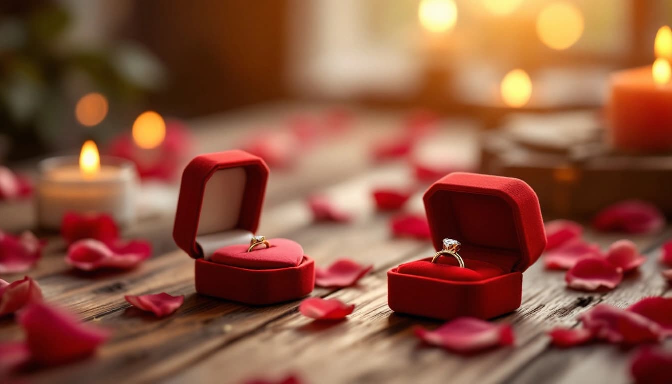 A heart-shaped QR code card on a table next to an engagement ring box, ready for a marriage proposal