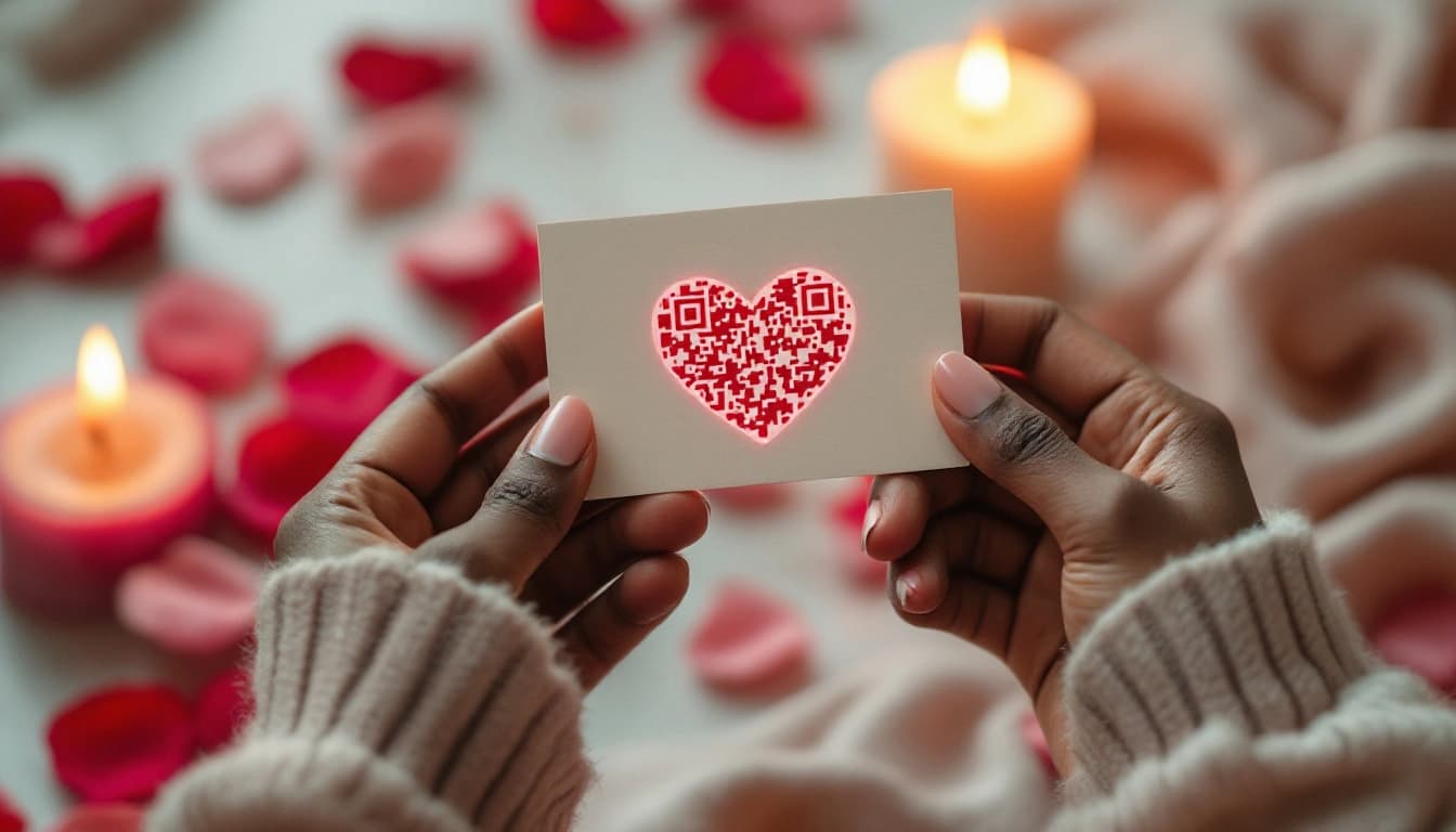 Heart-shaped QR code Valentine gift printed on a card held in two hands by candlelight