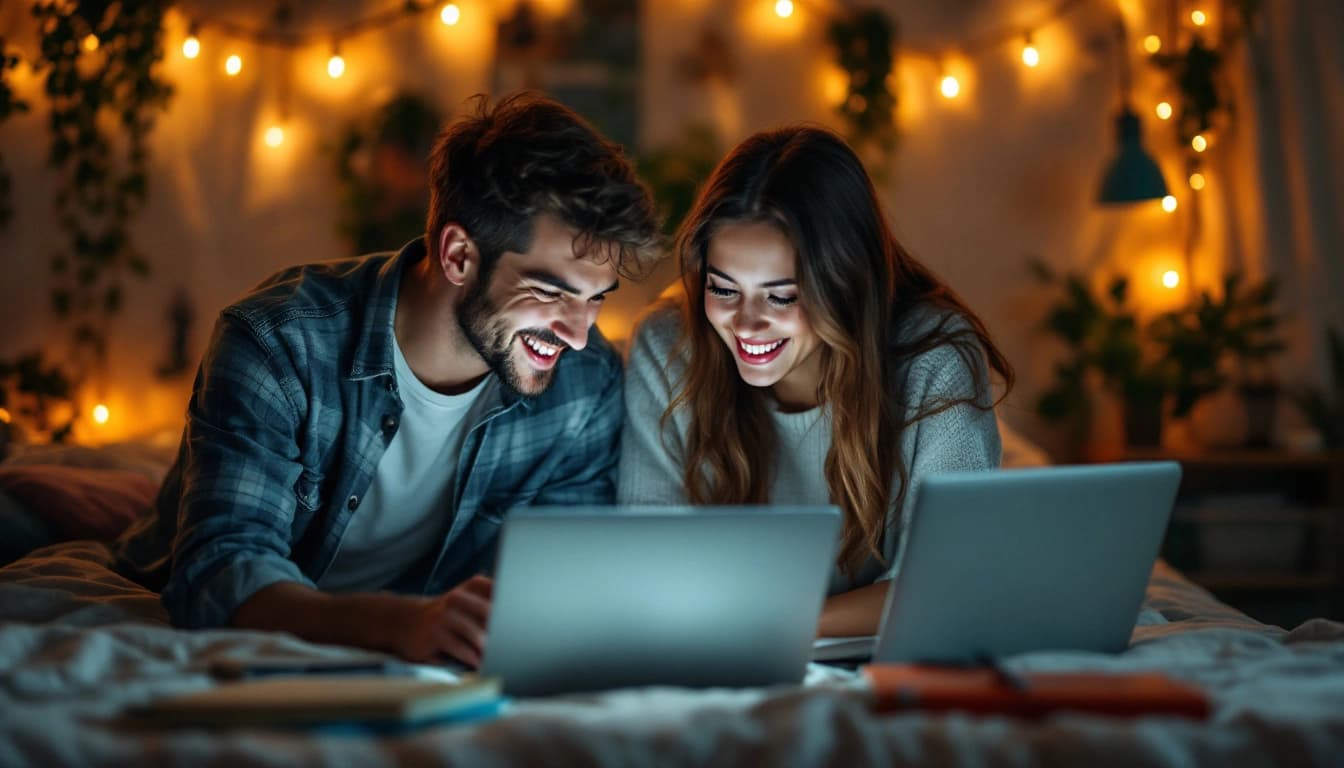 Young college couple studying together in a cozy dorm room with string lights and coffee