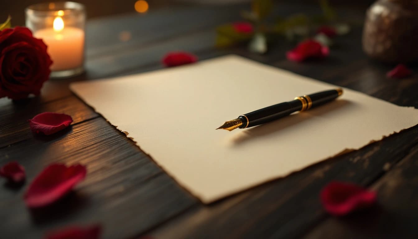Handwritten Valentine's Day note on a wooden table with rose petals and candlelight