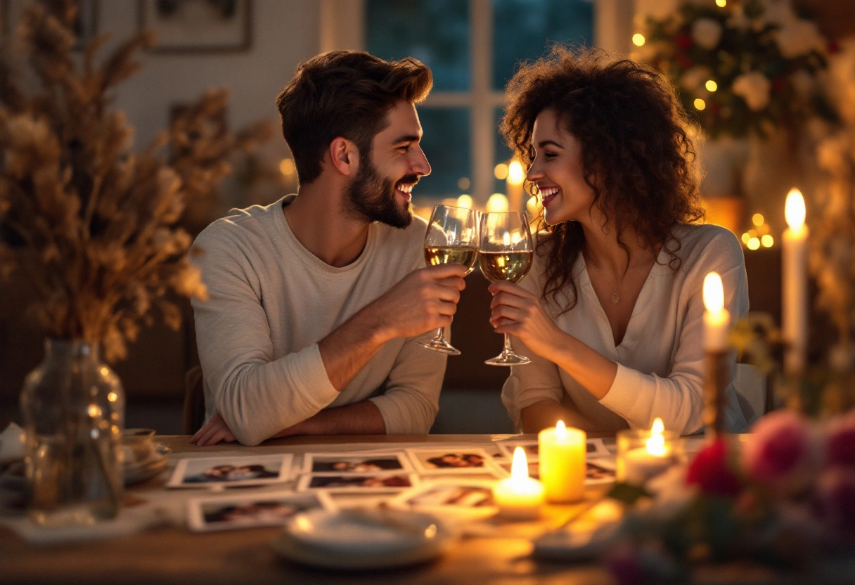 Casal comemorando o Dia dos Namorados em casa, brindando à luz de velas com fotos espalhadas sobre a mesa