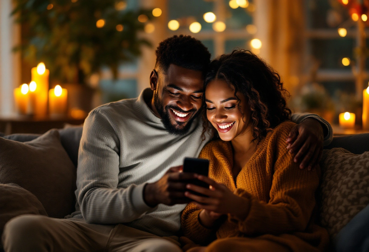 A couple sitting close, looking at a phone together in warm evening light