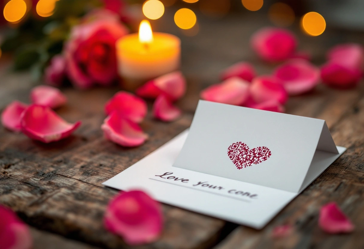 Close-up of a heart-shaped QR code printed on a small card with a handwritten note
