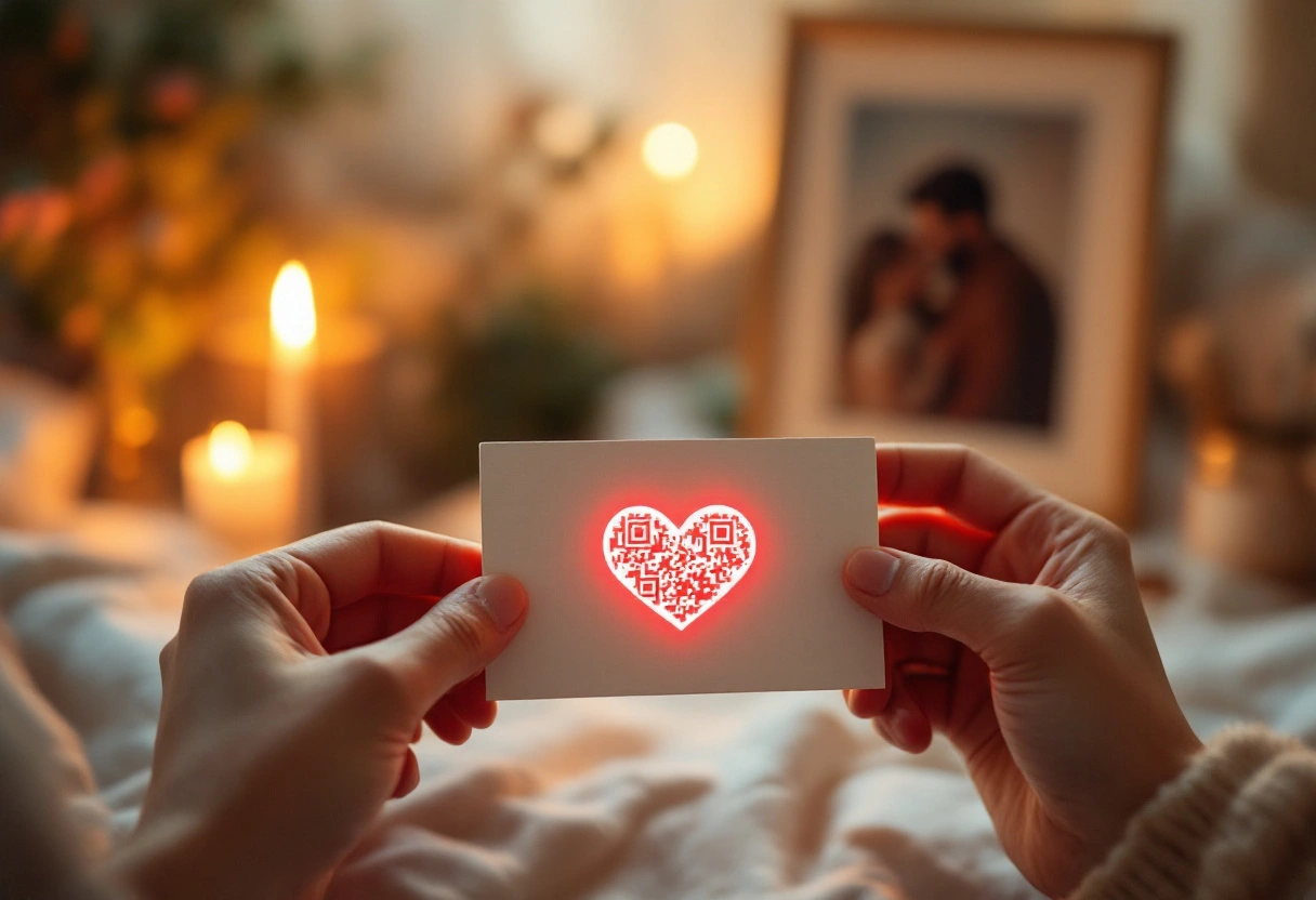 Hands holding a heart-shaped QR code card beside a candle, a digital long distance relationship gift