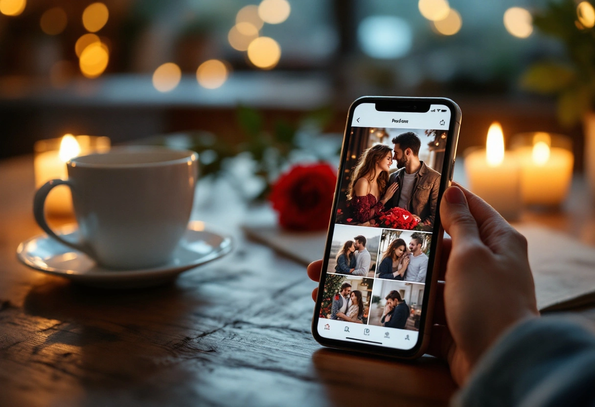 A man building a personalized digital Valentine's love page on his phone at a candlelit kitchen table, warm tones, shallow depth of field