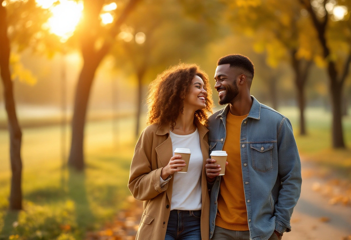 A couple walking together at golden hour holding coffee cups, soft warm light, candid lifestyle photography