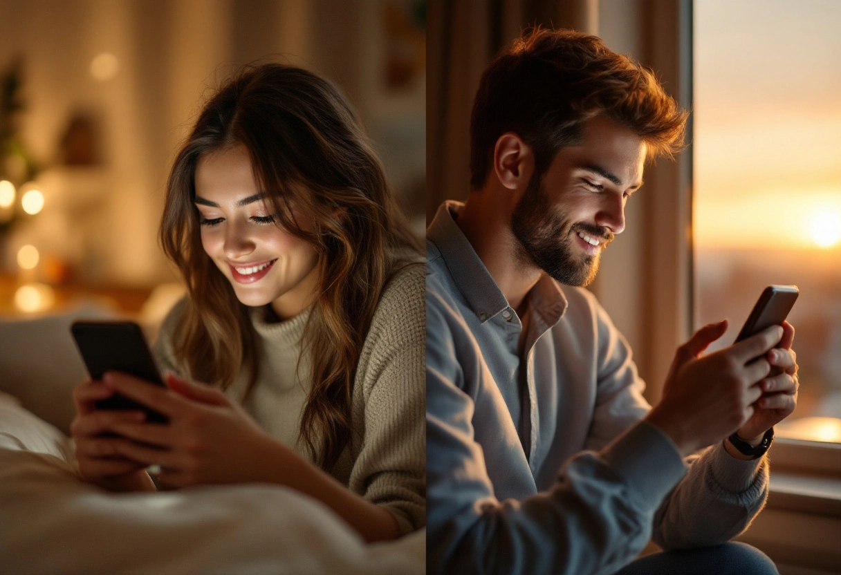 Casal em cidades diferentes trocando mensagem pelo celular com coração luminoso na tela
