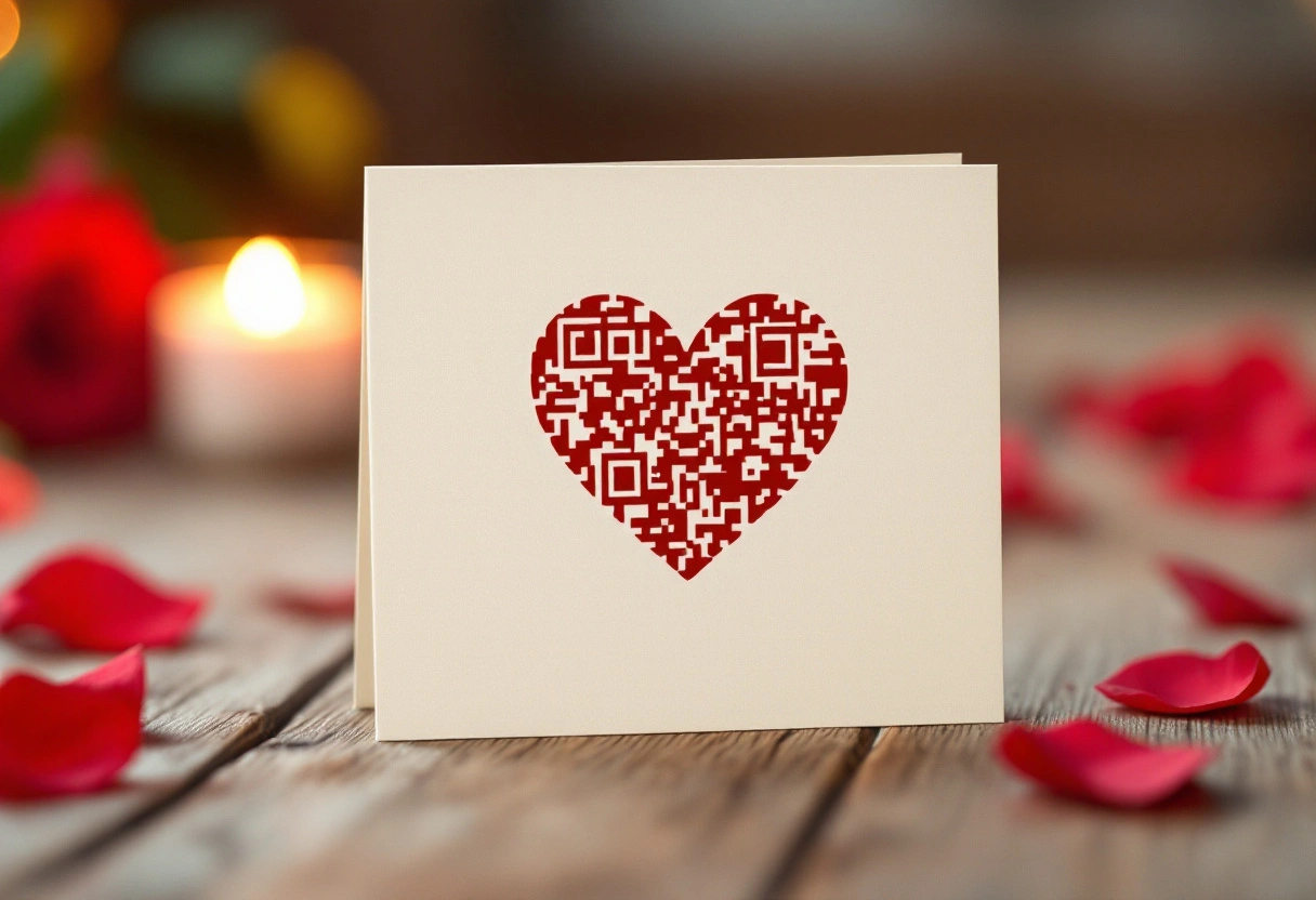 A heart-shaped QR code tucked inside a handwritten Valentine card on a table with rose petals