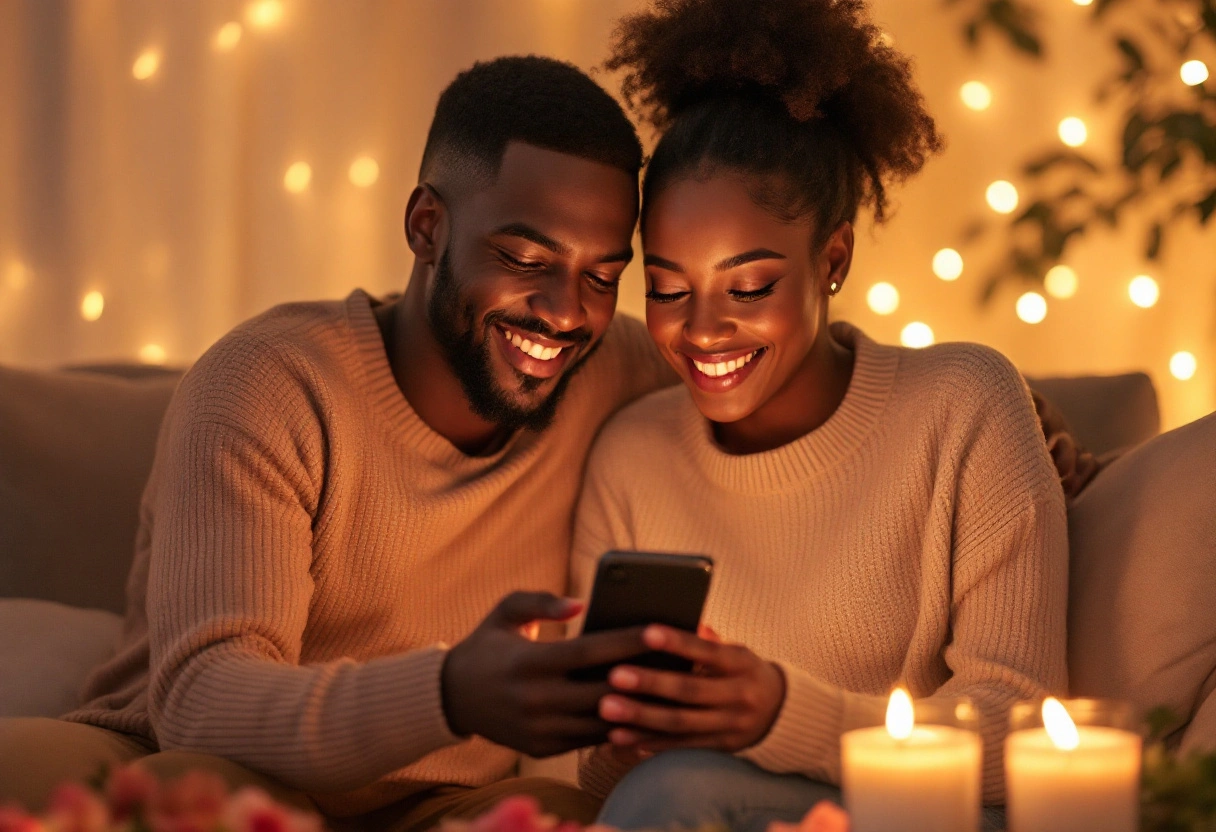 A couple reading a heartfelt Valentine's message together on a phone by candlelight