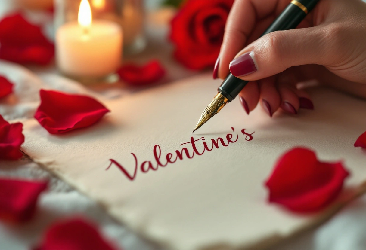 A hand writing a heartfelt Valentine's note with a fountain pen beside rose petals